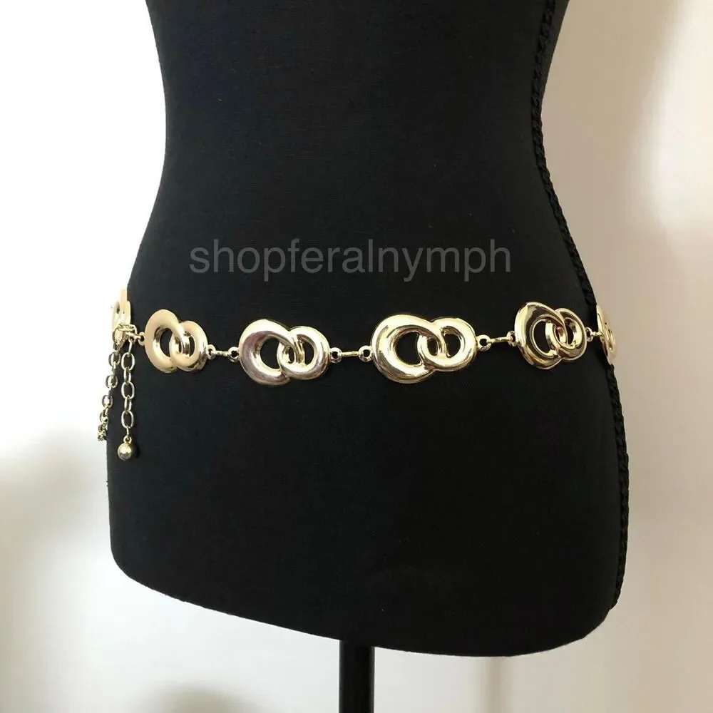Y2K Geometric Gold Interlocking Loop Chain Belt, Fits 24.5–45 Inches, X7GA1163